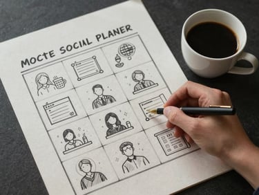 Overhead shot of a content planner sketching a social grid layout on a sheet of rough parchment paper next to a ceramic cup of black coffee, moody side lighting