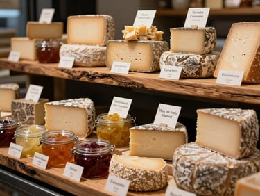 A beautifully curated display of artisanal cheeses and hand-labeled preserves on raw timber shelves, soft side-lighting highlighting the textures.