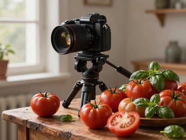 A high-end camera rig mounted on a tripod next to a rustic wooden table filled with vibrant heirloom tomatoes and fresh basil, soft morning light from a side window