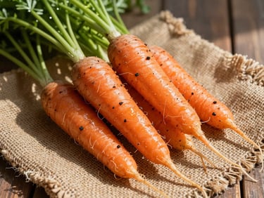 A close-up of freshly pulled heirloom carrots, damp soil still clinging to their roots, resting on a rough burlap sack in the morning sun.