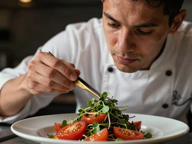 A chef in mid-motion, sweat on brow, carefully placing a microgreen garnish onto a vibrant heirloom tomato salad with brass tweezers. Moody, directional light.