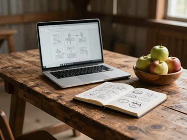 A rustic wooden table in a barn with a laptop, a notebook sketched with content ideas, and a wooden bowl of apples, warm morning light.