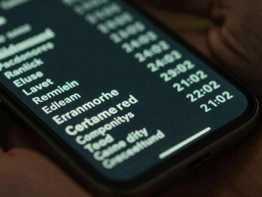 A close-up macro shot of a physical mobile screen displaying clean terminal-style system telemetry, low-key moody green light reflecting on a hand