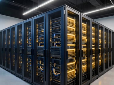 Vista panorámica de un centro de datos empresarial moderno con servidores iluminados en tonos azules y dorados, líneas de datos abstractas conectando los racks, enfoque en la profundidad y la escala.