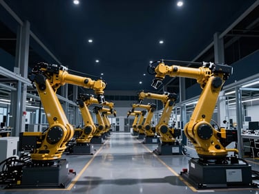 Modern factory floor with robotic arms, low-key corporate lighting, sharp high-contrast shadows, wide-angle architectural shot, deep navy and metallic gold tones, cinematic 35mm.