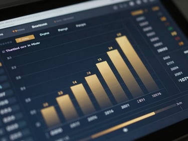 Close-up of a sophisticated analytical dashboard displaying growth metrics, deep navy and metallic gold tones, sharp high-contrast shadows, macro shot of technology interface, cinematic 35mm.