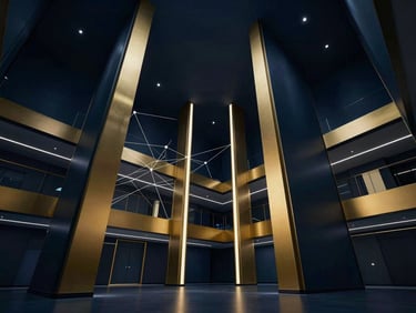 Sleek, minimalist corporate health facility, abstract digital networks subtly integrated, low-angle perspective looking up at structures, deep navy and metallic gold tones, cinematic 35mm.