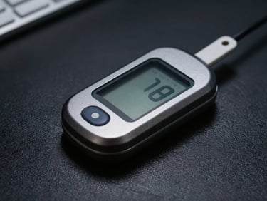 Extreme macro close-up of a sleek, dark metallic continuous glucose monitor sensor on a sterile black surface, dramatic laboratory lighting, sharp shadows