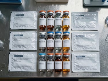 Top-down structured flat lay of medical-grade biological collection vials, sterile packaging, and clinical instructions arranged symmetrically on a dark steel lab bench