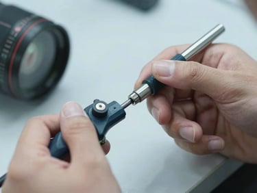 Close-up of a technician's hands using specialized fiber optic splicing tools, crisp industrial photography, cool lighting.