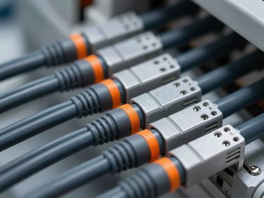 Close-up, high-contrast shot of perfectly managed structured cabling, deep slate gray cables, safety orange ties, cool industrial lighting, sharp focus on detail.