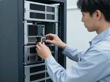 Medium shot of a technician in a clean uniform integrating server hardware into a rack, focused on precise handiwork, cool-toned utility lighting.