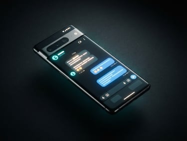 sleek digital product photography, moody low-key studio lighting, vibrant screen-glow highlights, crisp isometric angle of an Android phone displaying a clean support chat interface, 50mm