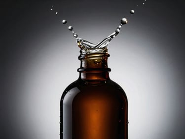 High-speed action shot of liquid splashing over a dark bottle, sleek commercial studio photography, dramatic high-contrast lighting, deep shadows, sharp focus, premium cinematic look, 35mm