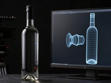 Sleek commercial camera rig in a dark studio, capturing a premium glass bottle with sharp highlights, side-by-side with its complex 3D wireframe model on a monitor, high-contrast, 35mm
