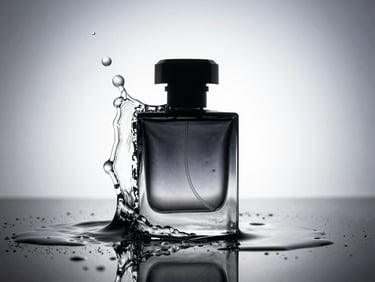 High-contrast commercial photography of a dark glass perfume bottle with a sharp water splash frozen in mid-air, intense studio spotlighting, deep shadows, crisp reflections, premium cinematic look.