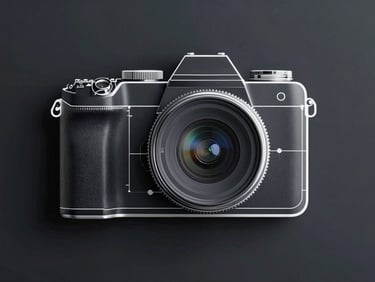 Extreme close-up of a technical vector blueprint of a futuristic camera, sharp white lines on a deep charcoal digital canvas, clean centered composition, sleek minimalist aesthetic.