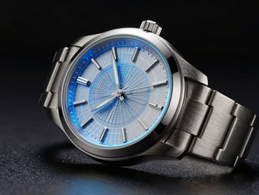 Macro studio shot of a sleek metallic watch, half rendered as a glowing blue CGI wireframe and half as a finished hyper-realistic 3D model, dramatic high-contrast lighting, deep black background, sharp focus, 35mm.