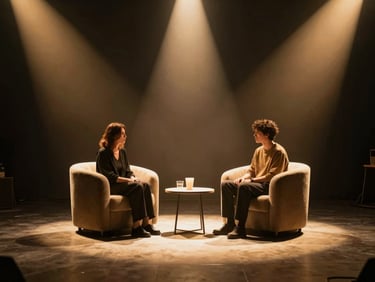 Cinematic wide shot of the Talking to Me studio set, two figures in plush chairs under soft golden spotlights, dark atmospheric background, 16:9 aspect ratio.