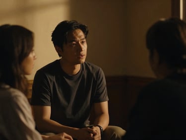 Cinematic video still from Talking to Me, Sedater Saviour in deep conversation with a guest, warm chiaroscuro lighting, rich shadows, 16:9 aspect ratio.