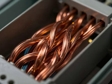 Macro close-up of a perfectly organized electrical panel with combed, parallel copper wiring, warm golden lighting contrasting against a dark matte background