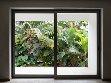 Interior view of a large sliding glass door with dark aluminum frame, showing the robust sealing mechanism and clean profile, bright interior light, outside tropical greenery, architectural photography, high-contrast, minimalist composition, 35mm lens.