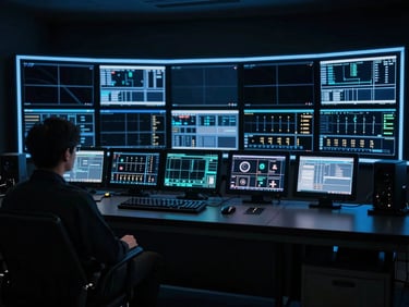Behind-the-scenes production monitors glowing in a dark control room, electric blue accent lines, sharp focus