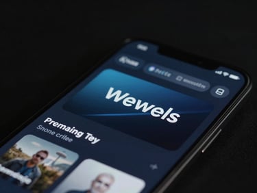 Sleek close-up of a premium streaming interface on a mobile device, low-key high-contrast lighting
