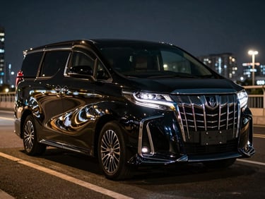 A low-angle heroic shot of a gleaming black Toyota Alphard AGH30 Modelista, parked under dramatic night city lights, sharp reflections on polished paint, 35mm lens.