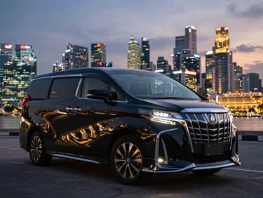 Low-angle heroic shot of a gleaming black Toyota Alphard Modelista parked at twilight, Singapore skyline and Marina Bay Sands reflecting off the polished body, 35mm lens, premium automotive photography.