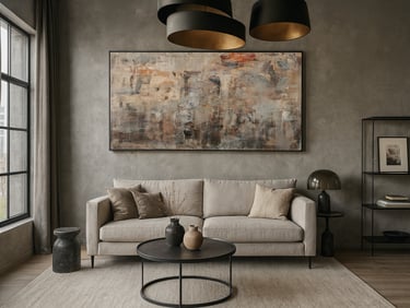 Modern living room with a beige sofa, abstract wall art, and industrial lighting in a minimalist interior.