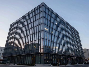Wide-angle architectural shot of a modern, secure corporate headquarters glass facade at dusk, clean lines, sharp reflections, quiet and authoritative atmosphere.