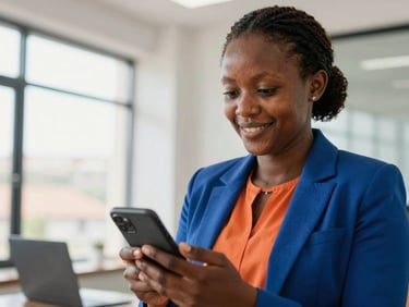 A close-up of a smiling Rwandan professional woman in a modern office in Kigali, holding a smartphone, bright natural daylight, warm editorial photography, rich corporate blue accents