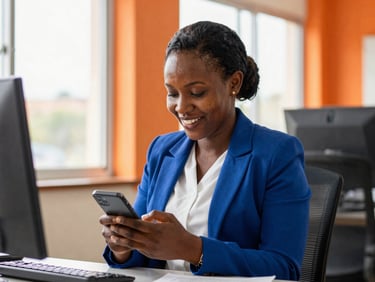 A professional Rwandan woman smiling while looking at her smartphone in a bright, naturally lit office in Kigali, warm orange accent tones, 35mm