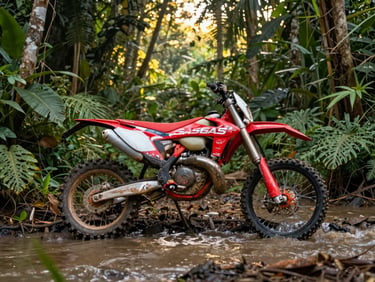 GasGas EX 250F dirt bike leaning against a jungle trail bank in Java, golden hour light filtering through canopy onto red plastics and suspension, mud-streaked from a river crossing, wide angle showing dense foliage