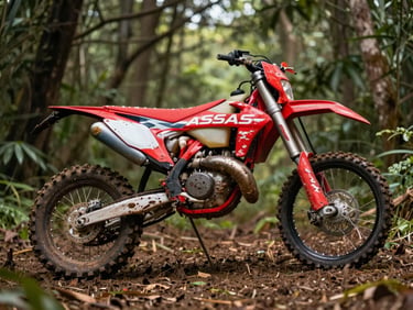 GasGas EX 250F four-stroke dirt bike on jungle trail with mud-splattered red plastics, dappled overcast light through tree canopy, low-angle shot emphasising seat height and wheel size against soft ground