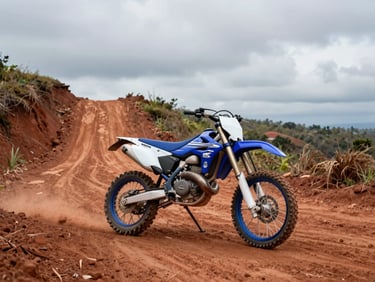 Yamaha WR155R dirt bike on a wide dirt trail in Lombok, overcast sky, blue and white livery contrasting with red clay soil, framed from rider height showing trail ahead disappearing into hillside