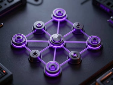 Close-up isometric view of complex workflow engineering nodes, self-illuminating violet connections, technical interface elements on a matte dark surface, high contrast.