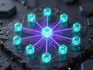 Macro isometric crop of a complex glowing API node network, neon cyan triggers and electric violet data paths on an obsidian background, technical vector line art style, emissive lighting, high fidelity.