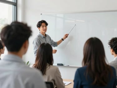 Over-the-shoulder shot of a diverse team member actively participating in a workshop, expressing an idea on a whiteboard, natural daylight, focus on engagement, shallow depth of field, 35mm.