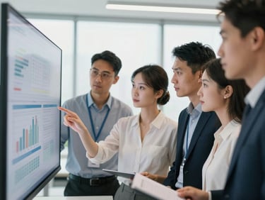Medium close-up of a diverse team of professionals collaboratively analyzing data on a large screen in a modern, bright office, focus on the screen and engaged faces, modern editorial corporate photography, bright natural office daylight, clean professional tones, shallow depth of field, 35mm