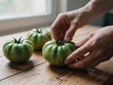 Candid shot of hands styling fresh green heirloom tomatoes on a rustic wooden table, soft natural window light, 35mm film style.