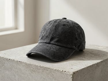 Editorial product shot of a structured charcoal dad hat resting on a raw concrete block, soft dramatic side lighting, minimalist luxury lookbook aesthetic
