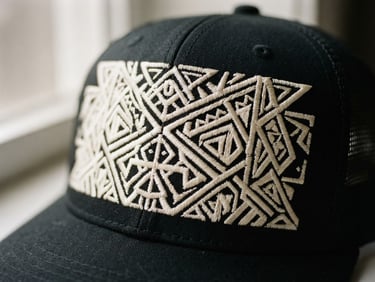 Tight editorial macro shot of a structured black trucker cap, focusing on the dense cream-colored geometric embroidery on the front panel, soft directional window light, shallow depth of field, 35mm