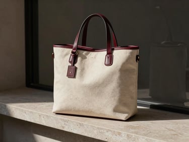 Editorial product shot of a structured cream canvas tote bag with burgundy leather accents, resting in soft shadows on a minimalist stone ledge
