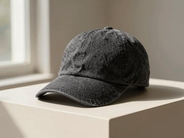 A brushed charcoal cotton dad hat on a minimal cream pedestal, directional window light, soft shadow