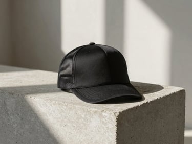 A structured black trucker cap resting on a raw concrete block, architectural shadows, soft overcast light