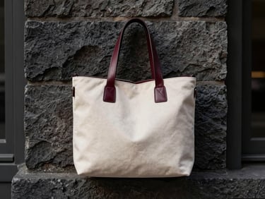 A structured cream canvas tote bag with deep burgundy leather handles, resting against a brutalist stone wall
