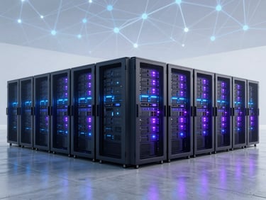 Wide panoramic view of a state-of-the-art secure enterprise server room, sleek server racks with blinking cool blue and purple LED indicators, pristine polished concrete floor, cinematic lighting, 8k