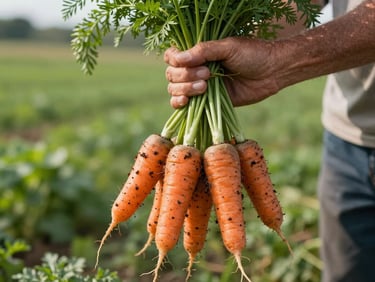 Farmer's hands holding a bundle of freshly pulled carrots with soil still visible on the roots, soft north-facing daylight, green field blurred in background, close-up framing
